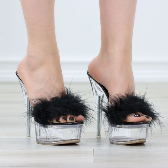 Clear Platform Heels Black Pom Pom - Picture 4 of 12